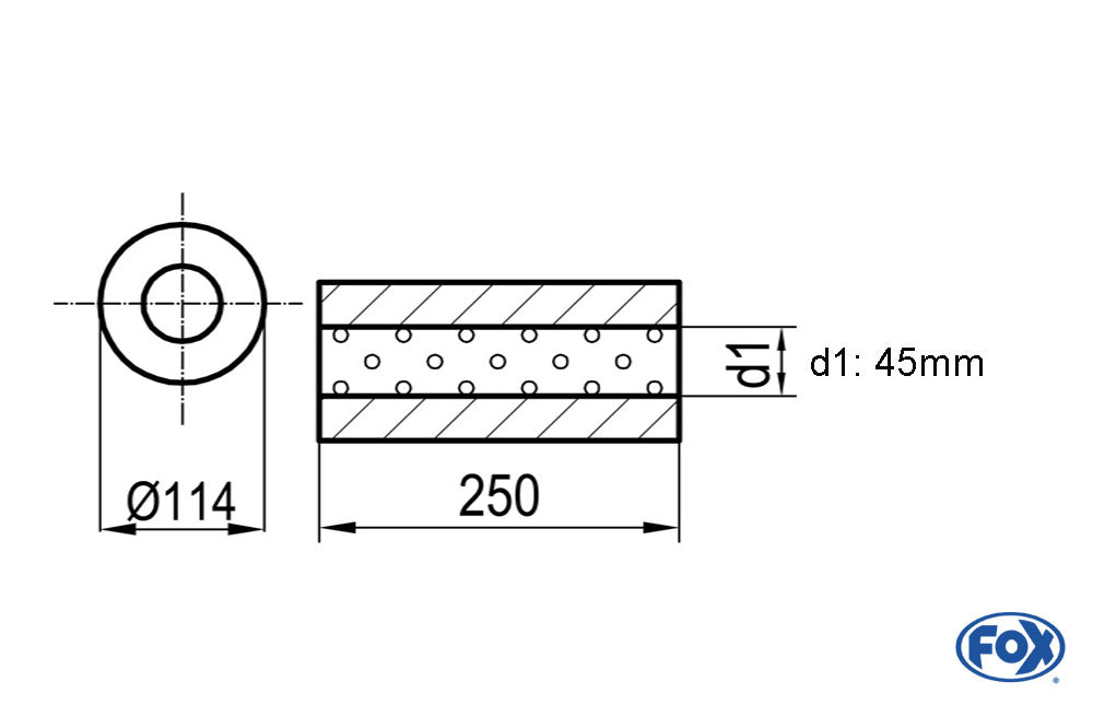 FOX Uni-Schalldämpfer rund ohne Stutzen - Abwicklung 355 Ø 114mm, d1Ø 45mm, Länge: 250mm