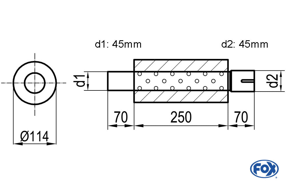 FOX Uni-Schalldämpfer rund mit Stutzen - Abwicklung 355 Ø 114mm, d1Ø 45mm  d2Ø 45,5mm, Länge: 250mm