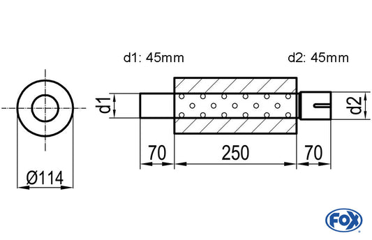 FOX Uni-Schalldämpfer rund mit Stutzen - Abwicklung 355 Ø 114mm, d1Ø 45mm  d2Ø 45,5mm, Länge: 250mm