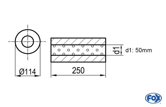 FOX Uni-Schalldämpfer rund ohne Stutzen - Abwicklung 355 Ø 114mm, d1Ø 50mm, Länge: 250mm