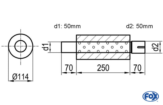 FOX Uni-Schalldämpfer rund mit Stutzen - Abwicklung 355 Ø 114mm, d1Ø 50mm  d2Ø 50,5mm, Länge: 250mm