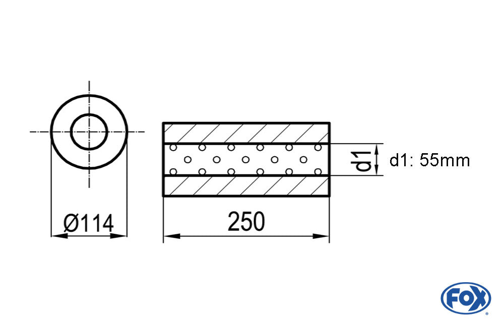 FOX Uni-Schalldämpfer rund ohne Stutzen - Abwicklung 355 Ø 114mm, d1Ø 55mm, Länge: 250mm