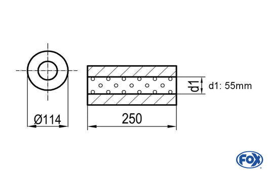 FOX Uni-Schalldämpfer rund ohne Stutzen - Abwicklung 355 Ø 114mm, d1Ø 55mm, Länge: 250mm