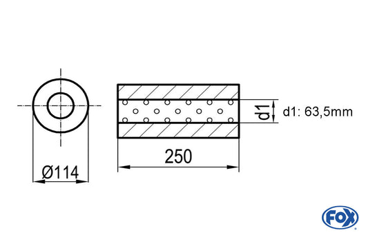 FOX Uni-Schalldämpfer rund ohne Stutzen - Abwicklung 355 Ø 114mm, d1Ø 63,5mm, Länge: 250mm