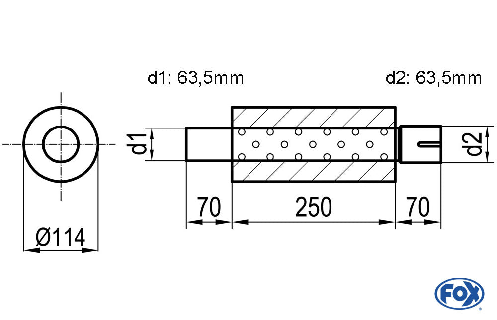 FOX Uni-Schalldämpfer rund mit Stutzen - Abwicklung 355 Ø 114mm, d1Ø 63,5mm  d2Ø 64mm, Länge: 250mm