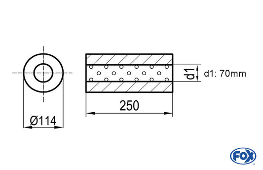 FOX Uni-Schalldämpfer rund ohne Stutzen - Abwicklung 355 Ø 114mm, d1Ø 70mm, Länge: 250mm