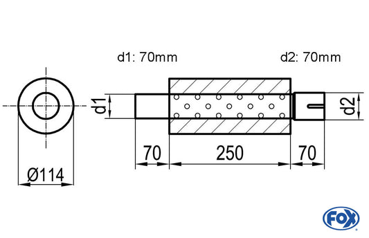 FOX Uni-Schalldämpfer rund mit Stutzen - Abwicklung 355 Ø 114mm, d1Ø 70mm  d2Ø 70,5mm, Länge: 250mm