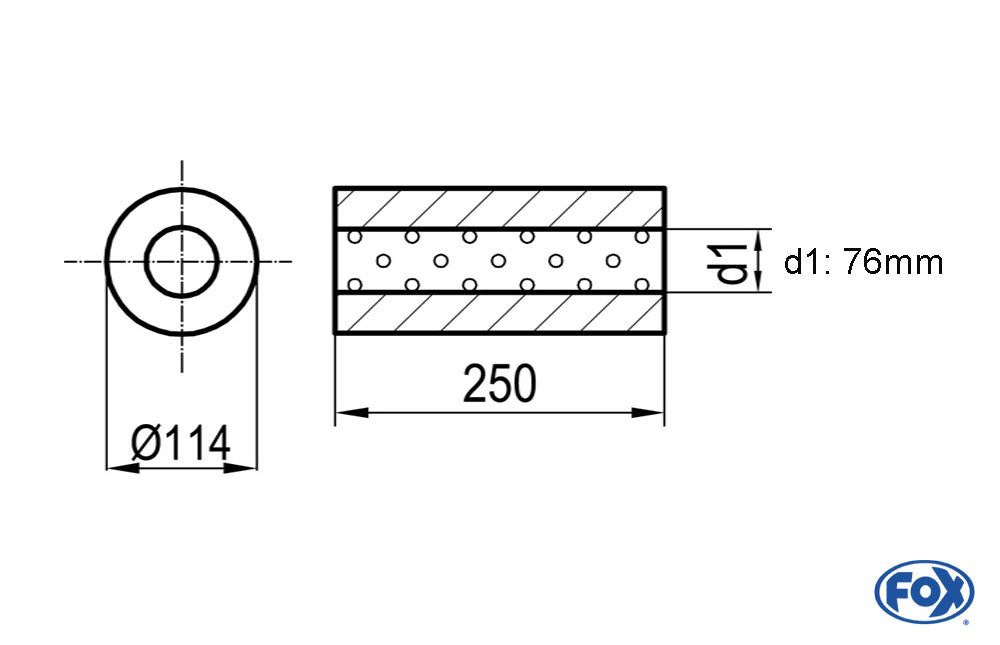 FOX Uni-Schalldämpfer rund ohne Stutzen - Abwicklung 355 Ø 114mm, d1Ø 76mm, Länge: 250mm