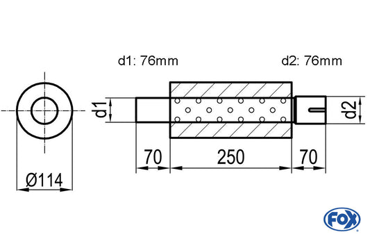 FOX Uni-Schalldämpfer rund mit Stutzen - Abwicklung 355 Ø 114mm, d1Ø 76mm  d2Ø 76,5mm, Länge: 250mm