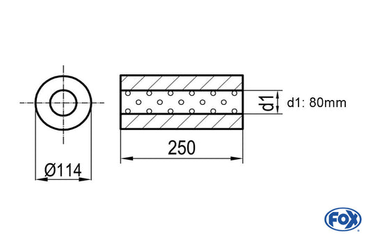 FOX Uni-Schalldämpfer rund ohne Stutzen - Abwicklung 355 Ø 114mm, d1Ø 80mm, Länge: 250mm