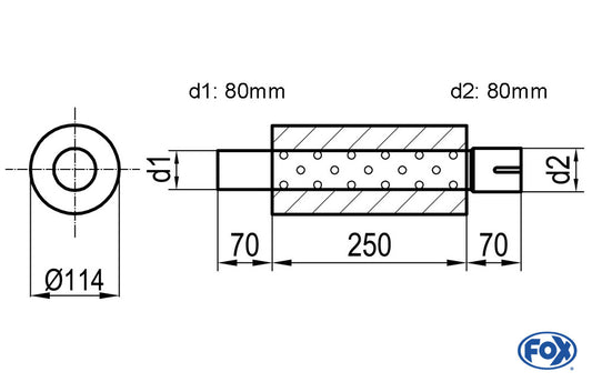 FOX Uni-Schalldämpfer rund mit Stutzen - Abwicklung 355 Ø 114mm, d1Ø 80mm  d2Ø 80,5mm, Länge: 250mm
