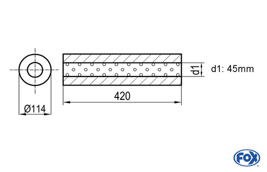 FOX Uni-Schalldämpfer rund ohne Stutzen - Abwicklung 355 Ø 114mm, d1Ø 45mm, Länge: 420mm