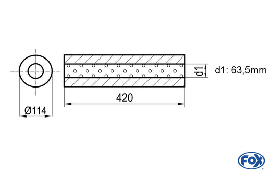 FOX Uni-Schalldämpfer rund ohne Stutzen - Abwicklung 355 Ø 114mm, d1Ø 63,5mm, Länge: 420mm