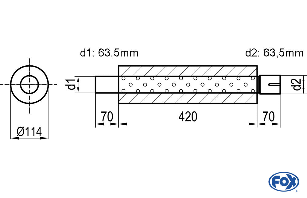 FOX Uni-Schalldämpfer rund mit Stutzen - Abwicklung 355 Ø 114mm, d1Ø 63,5mm  d2Ø 64mm, Länge: 420mm