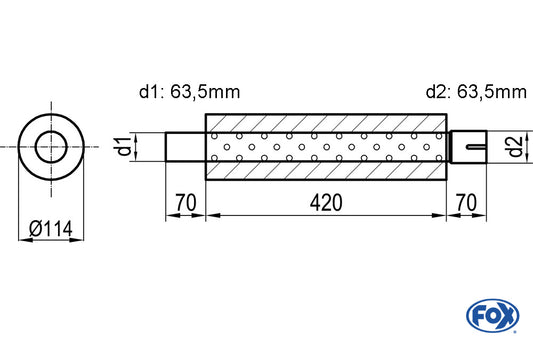 FOX Uni-Schalldämpfer rund mit Stutzen - Abwicklung 355 Ø 114mm, d1Ø 63,5mm  d2Ø 64mm, Länge: 420mm