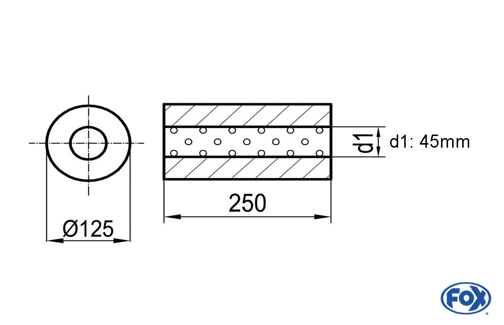 FOX Uni-Schalldämpfer rund ohne Stutzen - Abwicklung 390 Ø 125mm, d1Ø 45mm, Länge: 250mm