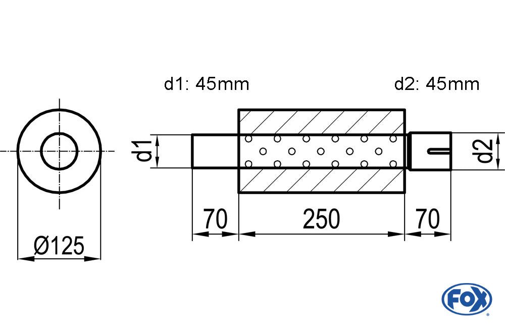 FOX Uni-Schalldämpfer rund mit Stutzen - Abwicklung 390 Ø 125mm, d1Ø 45mm  d2Ø 45,5mm, Länge: 250mm