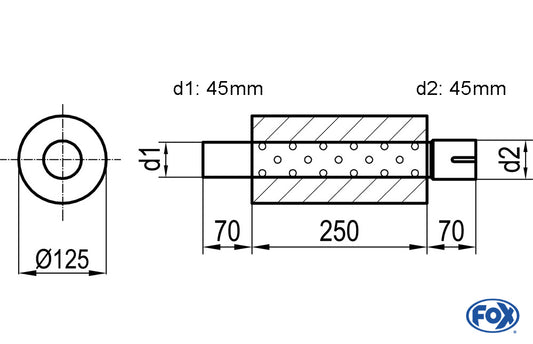 FOX Uni-Schalldämpfer rund mit Stutzen - Abwicklung 390 Ø 125mm, d1Ø 45mm  d2Ø 45,5mm, Länge: 250mm