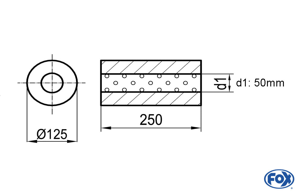 FOX Uni-Schalldämpfer rund ohne Stutzen - Abwicklung 390 Ø 125mm, d1Ø 50mm, Länge: 250mm