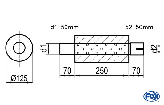 FOX Uni-Schalldämpfer rund mit Stutzen - Abwicklung 390 Ø 125mm, d1Ø 50mm  d2Ø 50,5mm, Länge: 250mm