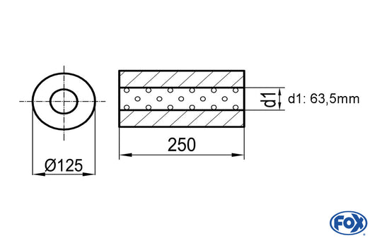 FOX Uni-Schalldämpfer rund ohne Stutzen - Abwicklung 390 Ø 125mm, d1Ø 63,5mm, Länge: 250mm