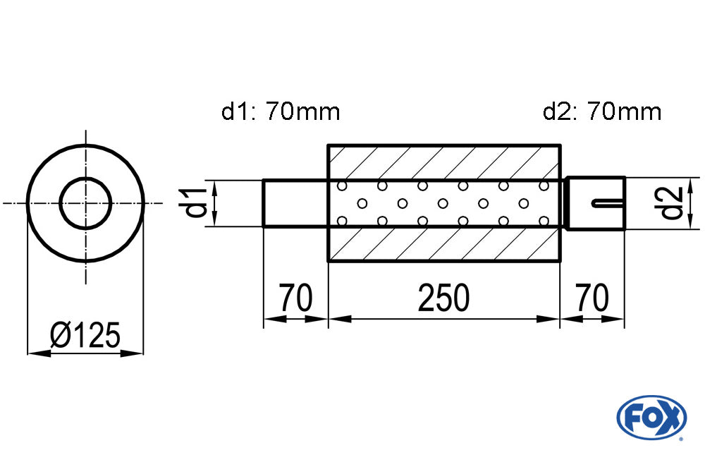 FOX Uni-Schalldämpfer rund mit Stutzen - Abwicklung 390 Ø 125mm, d1Ø 70mm  d2Ø 70,5mm, Länge: 250mm