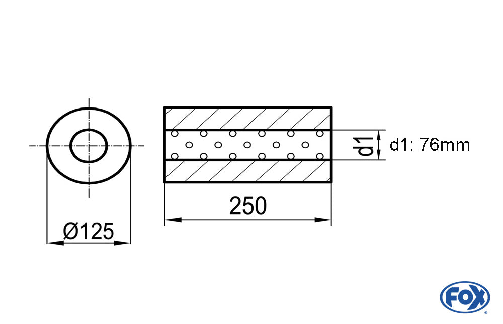 FOX Uni-Schalldämpfer rund ohne Stutzen - Abwicklung 390 Ø 125mm, d1Ø 76mm, Länge: 250mm