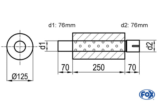 FOX Uni-Schalldämpfer rund mit Stutzen - Abwicklung 390 Ø 125mm, d1Ø 76mm  d2Ø 76,5mm, Länge: 250mm