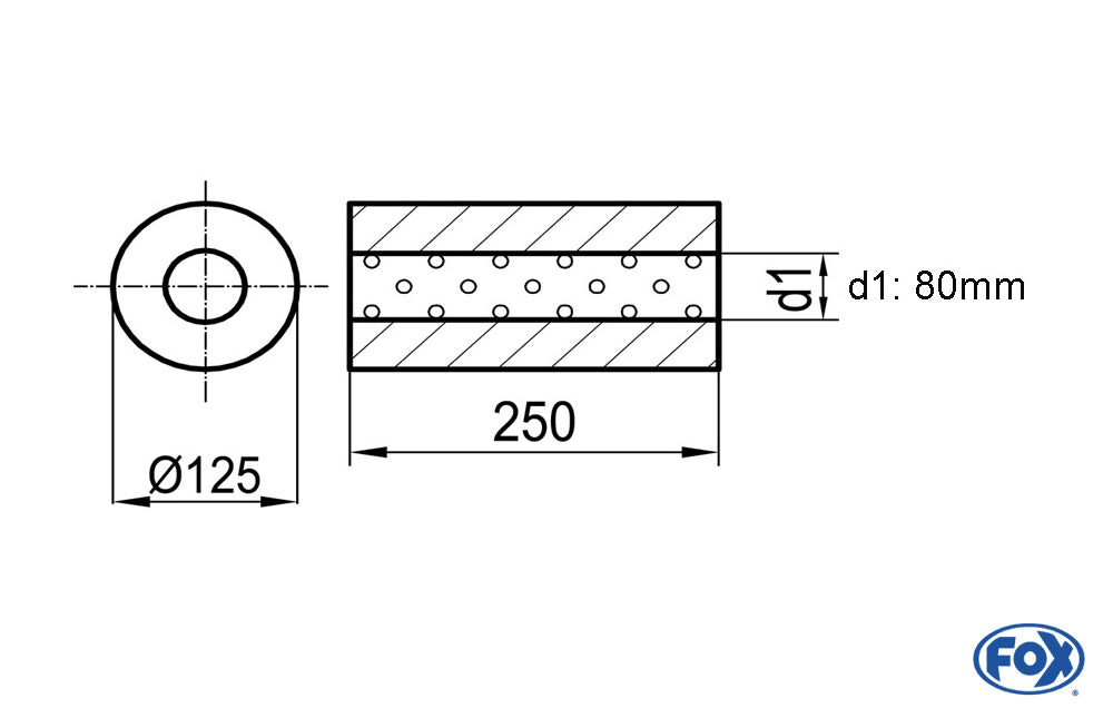 FOX Uni-Schalldämpfer rund ohne Stutzen - Abwicklung 390 Ø 125mm, d1Ø 80mm außen, Länge: 250mm