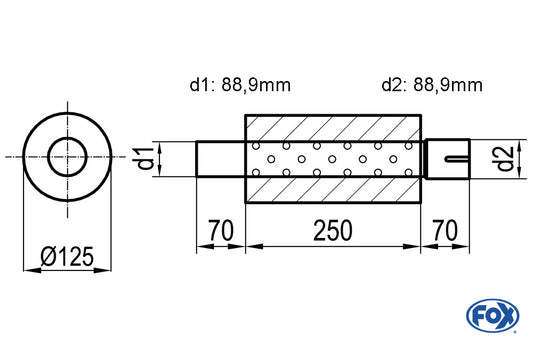 FOX Uni-Schalldämpfer rund ohne Stutzen - Abwicklung 390 Ø 125mm, d1Ø 88,9mm außen - Länge: 250mm