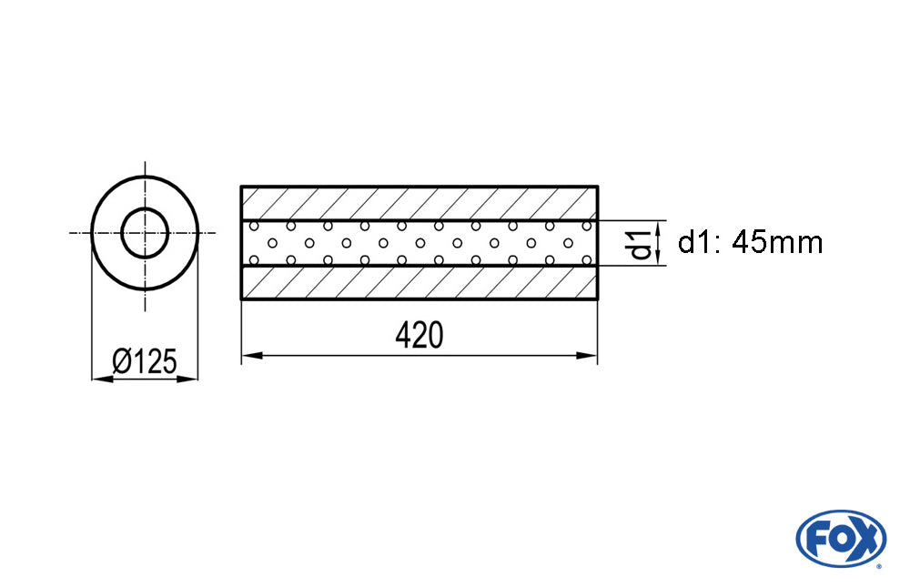 FOX Uni-Schalldämpfer rund ohne Stutzen - Abwicklung 390 Ø 125mm, d1Ø 45mm, Länge: 420mm