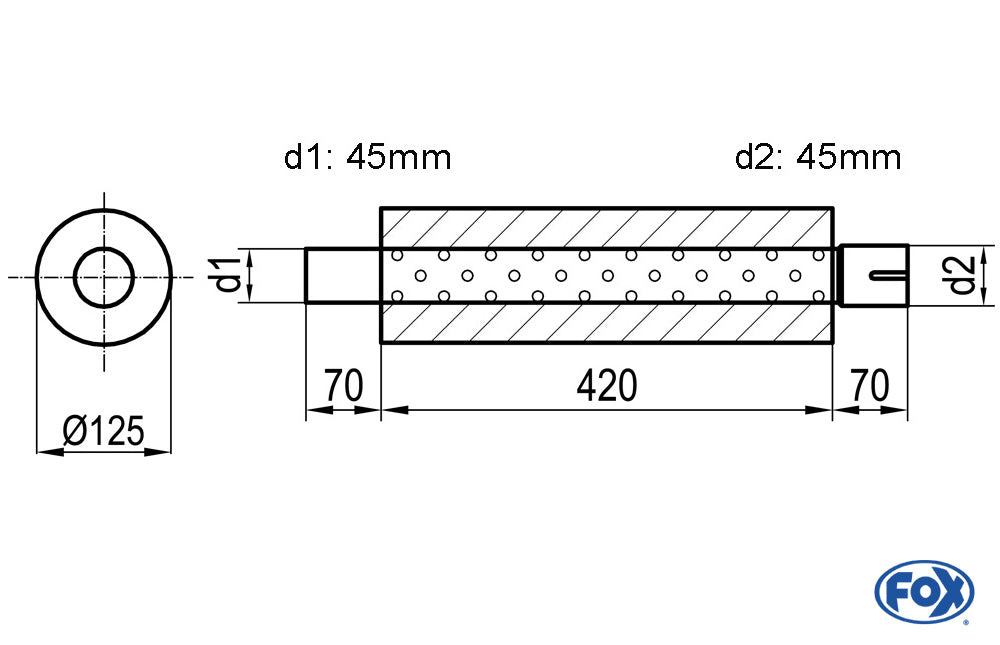 FOX Uni-Schalldämpfer rund mit Stutzen - Abwicklung 390 Ø 125mm, d1Ø 45mm  d2Ø 45,5mm, Länge: 420mm