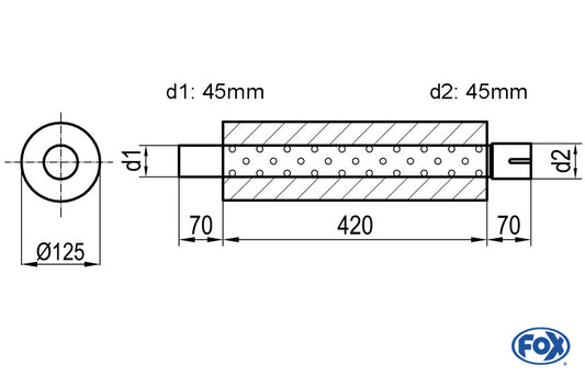 FOX Uni-Schalldämpfer rund mit Stutzen - Abwicklung 390 Ø 125mm, d1Ø 45mm  d2Ø 45,5mm, Länge: 420mm