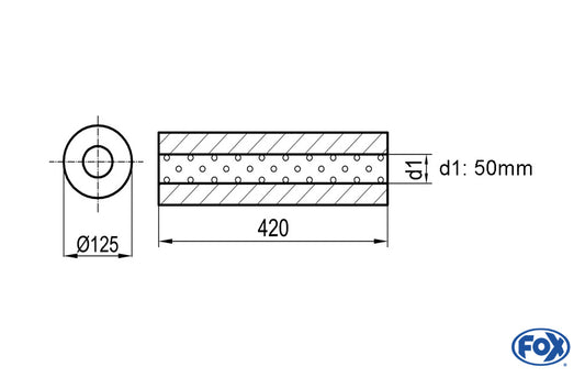 FOX Uni-Schalldämpfer rund ohne Stutzen - Abwicklung 390 Ø 125mm, d1Ø 50mm, Länge: 420mm