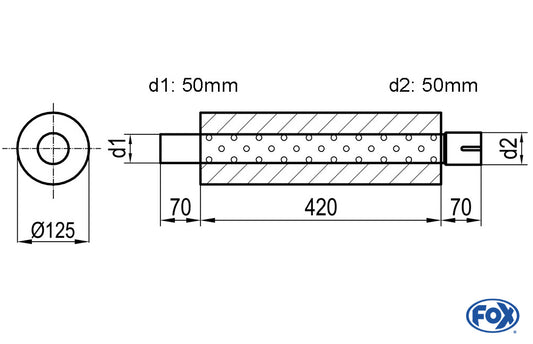 FOX Uni-Schalldämpfer rund mit Stutzen - Abwicklung 390 Ø 125mm, d1Ø 50mm  d2Ø 50,5mm, Länge: 420mm