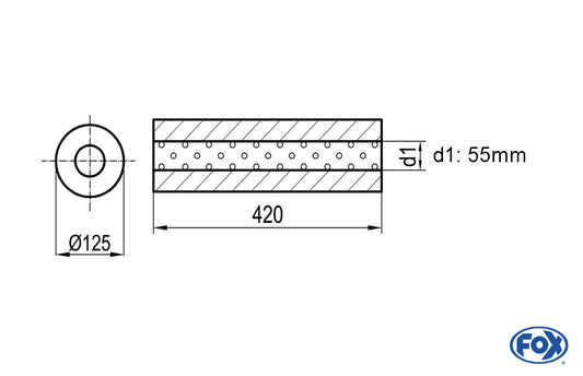 FOX Uni-Schalldämpfer rund ohne Stutzen - Abwicklung 390 Ø 125mm, d1Ø 55mm, Länge: 420mm