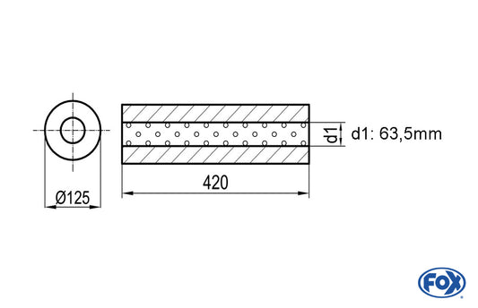 FOX Uni-Schalldämpfer rund ohne Stutzen - Abwicklung 390 Ø 125mm, d1Ø 63,5mm, Länge: 420mm