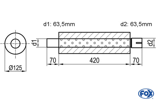 FOX Uni-Schalldämpfer rund mit Stutzen - Abwicklung 390 Ø 125mm, d1Ø 63,5mm  d2Ø 64mm, Länge: 420mm