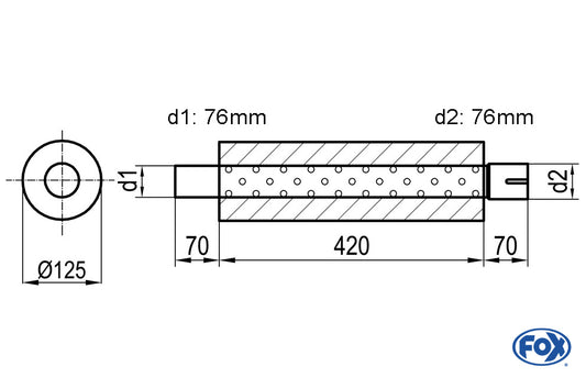 FOX Uni-Schalldämpfer rund mit Stutzen - Abwicklung 390 Ø 125mm, d1Ø 76mm  d2Ø 76,5mm, Länge: 420mm