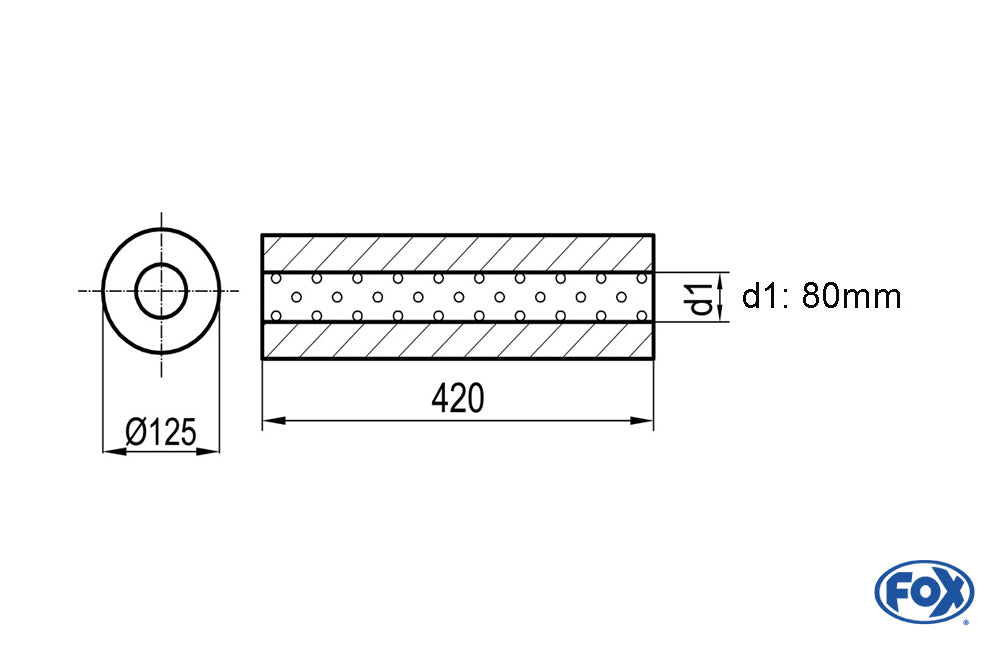 FOX Uni-Schalldämpfer rund ohne Stutzen - Abwicklung 390 Ø 125mm, d1Ø 80mm außen, Länge: 420mm