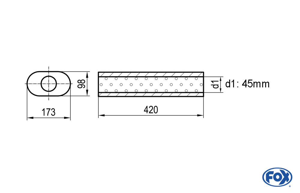 FOX Uni-Schalldämpfer oval ohne Stutzen - Abwicklung 450 173x98mm, d1Ø 45mm, Länge: 420mm