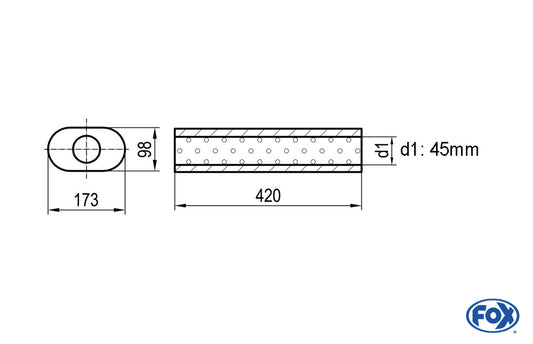 FOX Uni-Schalldämpfer oval ohne Stutzen - Abwicklung 450 173x98mm, d1Ø 45mm, Länge: 420mm