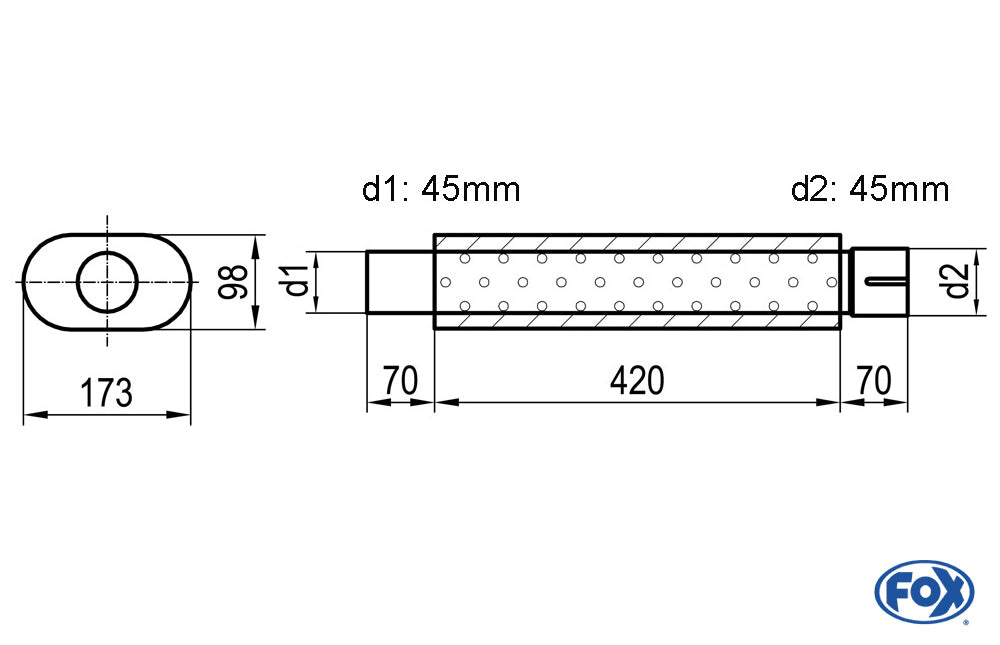 FOX Uni-Schalldämpfer oval mit Stutzen - Abwicklung 450 173x98mm, d1Ø 45mm  d2Ø 45,5mm, Länge: 420mm