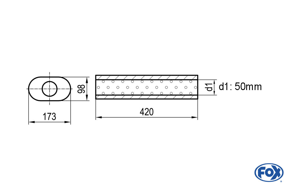 FOX Uni-Schalldämpfer oval ohne Stutzen - Abwicklung 450 173x98mm, d1Ø 50mm, Länge: 420mm