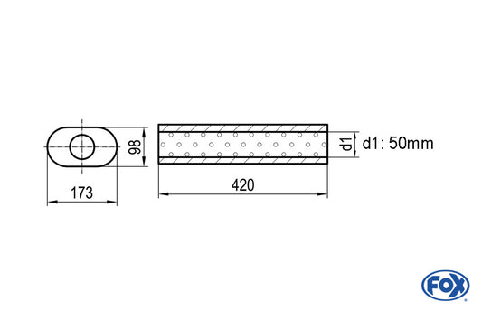 FOX Uni-Schalldämpfer oval ohne Stutzen - Abwicklung 450 173x98mm, d1Ø 50mm, Länge: 420mm