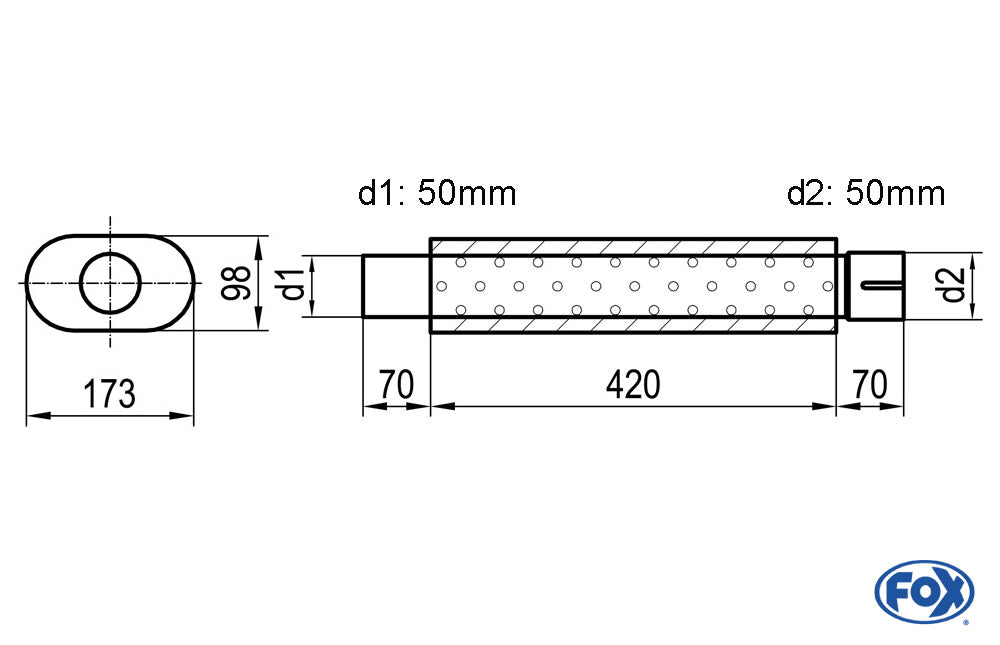 FOX Uni-Schalldämpfer oval mit Stutzen - Abwicklung 450 173x98mm, d1Ø 50mm  d2Ø 50,5mm, Länge: 420mm