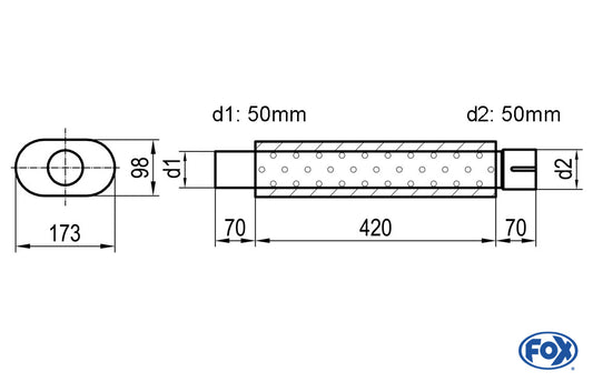 FOX Uni-Schalldämpfer oval mit Stutzen - Abwicklung 450 173x98mm, d1Ø 50mm  d2Ø 50,5mm, Länge: 420mm