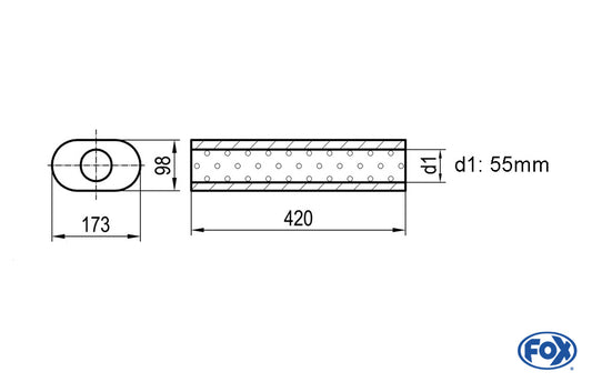 FOX Uni-Schalldämpfer oval ohne Stutzen - Abwicklung 450 173x98mm, d1Ø 55mm, Länge: 420mm