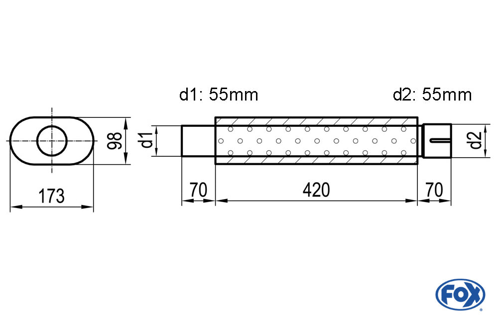 FOX Uni-Schalldämpfer oval mit Stutzen - Abwicklung 450 173x98mm, d1Ø 55mm  d2Ø 55,5mm, Länge: 420mm