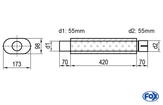 FOX Uni-Schalldämpfer oval mit Stutzen - Abwicklung 450 173x98mm, d1Ø 55mm  d2Ø 55,5mm, Länge: 420mm